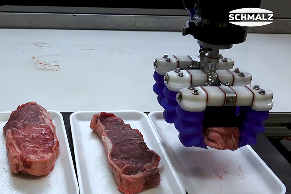 Pick and Place of Beef Steaks - Various Kinds: Ny Strip, Ribeye Using the Finger Gripper mGrip