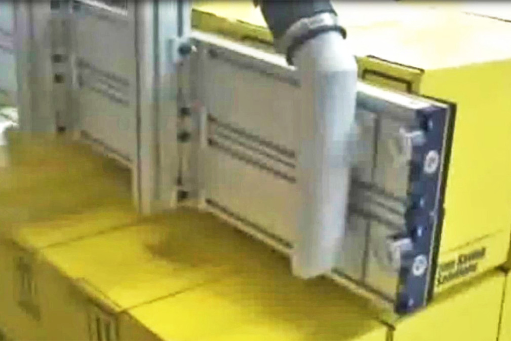 Vacuum area gripping system FMC for lifting rows of workpieces from a roller conveyor for the purpose of palletizing