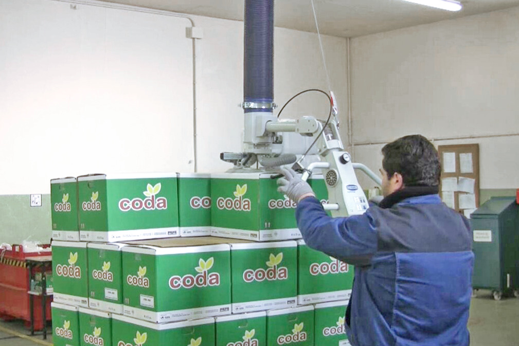 Sollevatore a vuoto JumboErgo per il commissionamento di cartonaggi nell'industria chimica
