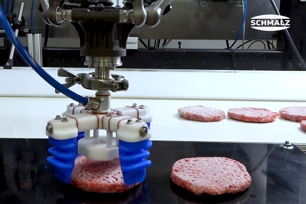 Picken en stapelen van hamburgerpasteitjes met de vingergrijper mGrip