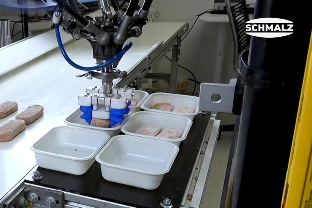 Recoger y apilar pasteles de carne con la garra de dedos mGrip