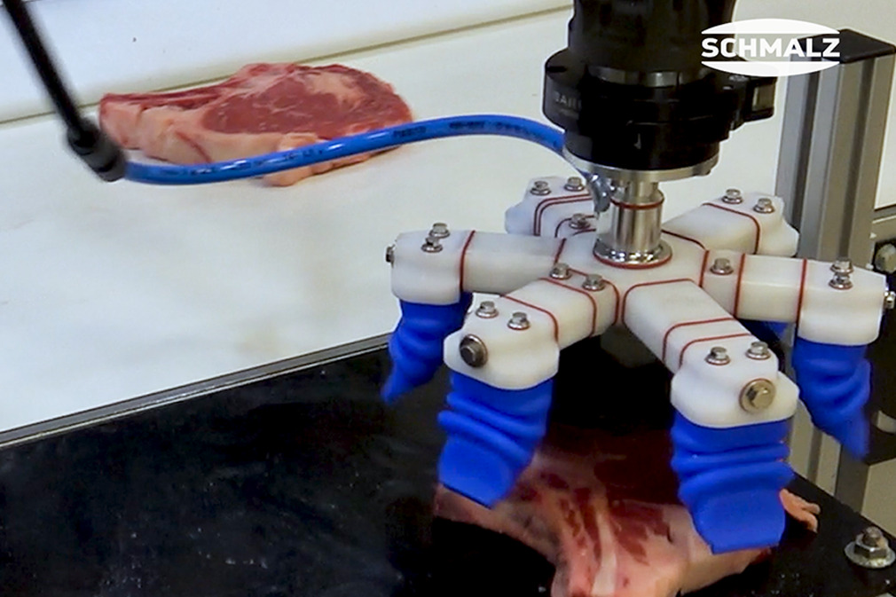 Pick and Place of Beef Steaks - Various Kinds: Chuck Roast, Chuck Eye, Cowboy Ribeye, T-Bbone, Top Sirloin, Tri-Tip, Boneless, Roast Using the Finger Gripper mGrip